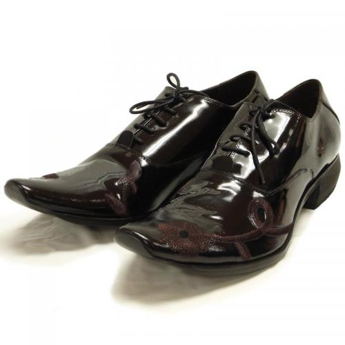 Fiesso Brown Patent Leather Shoes With Embroidered Floral Design FI8428